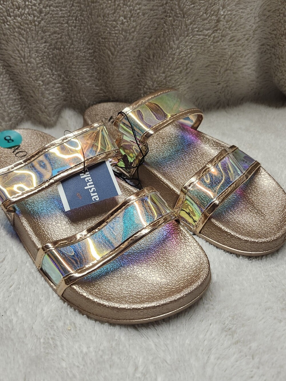 • New XOXO Rose Gold Iridescent Dual-Strap Slide Sandals Size 8 Slip-On